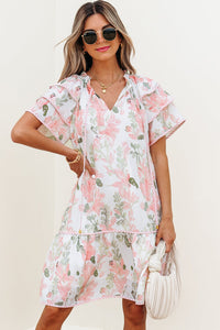 Pink Floral Contrast Edge Layered Short Sleeve Mini Dress | Arrow Boutique | | Arrow Women's Boutique