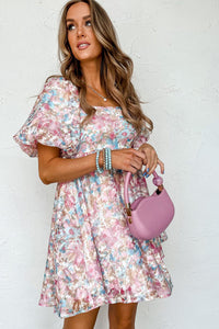 Pink Floral Puff Sleeve Square Neck Smock Ruffled Dress | Arrow Boutique | | Arrow Women's Boutique