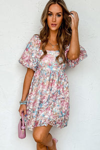 Pink Floral Puff Sleeve Square Neck Smock Ruffled Dress | Arrow Boutique | | Arrow Women's Boutique
