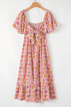 Load image into Gallery viewer, Pink Floral Square Neck Knotted Ruffle Midi Dress | Arrow Boutique | | Arrow Women&#39;s Boutique