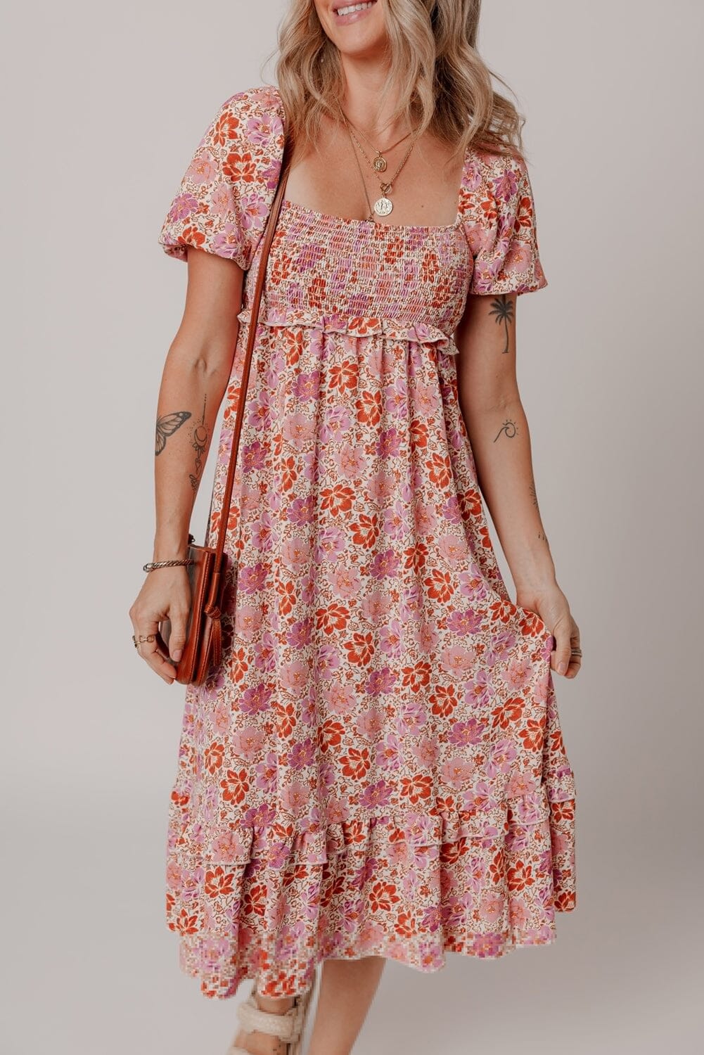 Pink Floral Square Neck Knotted Ruffle Midi Dress | Arrow Boutique | Pink S 100%Polyester | Arrow Women's Boutique