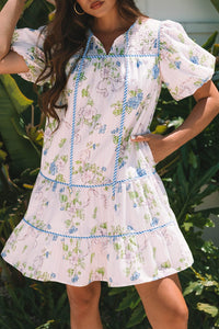 Pink Floral Striped Print Contrast Trim Tie Split Neck Mini Dress | Arrow Boutique | | Arrow Women's Boutique