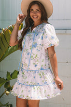 Load image into Gallery viewer, Pink Floral Striped Print Contrast Trim Tie Split Neck Mini Dress | Arrow Boutique | | Arrow Women&#39;s Boutique