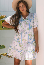 Load image into Gallery viewer, Pink Floral Striped Print Contrast Trim Tie Split Neck Mini Dress | Arrow Boutique | | Arrow Women&#39;s Boutique