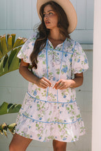 Load image into Gallery viewer, Pink Floral Striped Print Contrast Trim Tie Split Neck Mini Dress | Arrow Boutique | | Arrow Women&#39;s Boutique