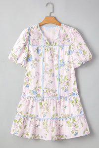 Pink Floral Striped Print Contrast Trim Tie Split Neck Mini Dress | Arrow Boutique | | Arrow Women's Boutique