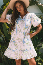 Load image into Gallery viewer, Pink Floral Striped Print Contrast Trim Tie Split Neck Mini Dress | Arrow Boutique | | Arrow Women&#39;s Boutique