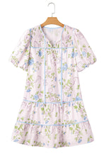 Load image into Gallery viewer, Pink Floral Striped Print Contrast Trim Tie Split Neck Mini Dress | Arrow Boutique | | Arrow Women&#39;s Boutique