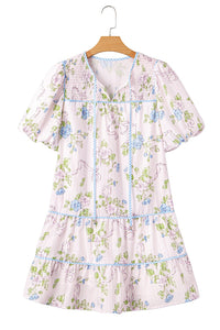 Pink Floral Striped Print Contrast Trim Tie Split Neck Mini Dress | Arrow Boutique | | Arrow Women's Boutique