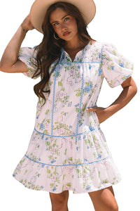 Pink Floral Striped Print Contrast Trim Tie Split Neck Mini Dress | Arrow Boutique | | Arrow Women's Boutique