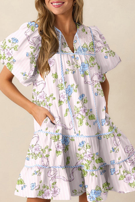 Pink Floral Striped Print Contrast Trim Tie Split Neck Mini Dress | Arrow Boutique | Pink S 100%Polyester | Arrow Women's Boutique