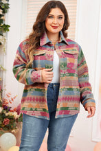 Load image into Gallery viewer, Pink Plus Size Aztec Printed Flap Pocket Shacket | Arrow Boutique | | Arrow Women&#39;s Boutique