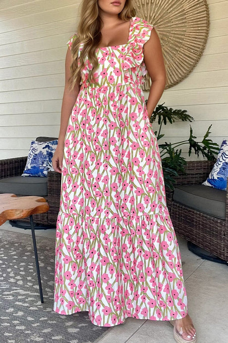 Pink Plus Size Ruffle Trim Square Neck High Waist Floral Maxi Dress | Arrow Boutique | Pink 1X 100%Polyester | Arrow Women's Boutique