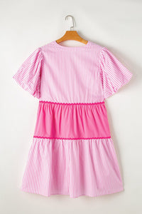 Pink Ricrac Block Accent Puff Short Sleeve Flowy Plus Dress | Arrow Boutique | | Arrow Women's Boutique