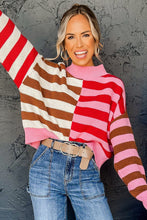 Load image into Gallery viewer, Pink Stripe Color Block High Neck Drop Shoulder Loose Sweater | Arrow Boutique | | Arrow Women&#39;s Boutique