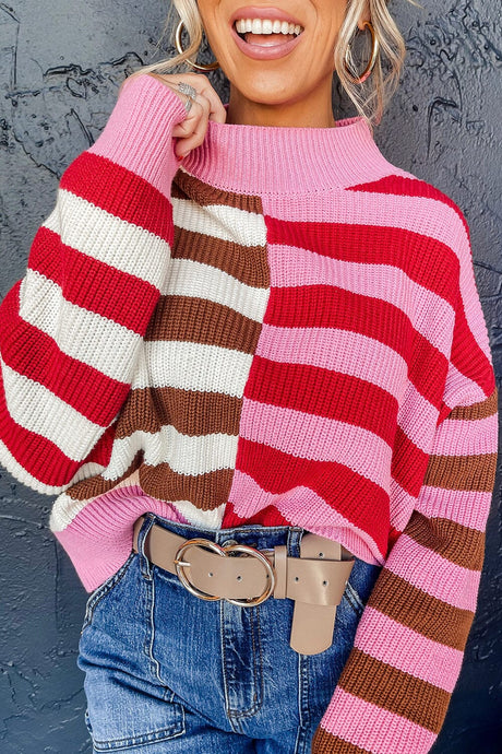 Pink Stripe Color Block High Neck Drop Shoulder Loose Sweater | Arrow Boutique | Pink Stripe S 55%Acrylic+45%Cotton | Arrow Women's Boutique