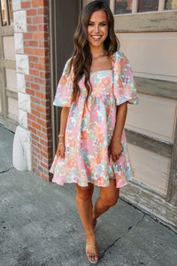 Pink Summer Floral Square Neck Puff Sleeve Babydoll Dress | Arrow Boutique | | Arrow Women's Boutique