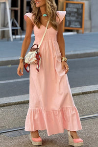 Pink V Neck Flutter Sleeve Smocked Bodice High Waist Ruffle Maxi Dress | Arrow Boutique | Apricot Pink S 100%Cotton | Arrow Women's Boutique