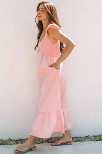 Pink V Neck Flutter Sleeve Smocked Bodice High Waist Ruffle Maxi Dress | Arrow Boutique | | Arrow Women's Boutique