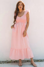 Load image into Gallery viewer, Pink V Neck Flutter Sleeve Smocked Bodice High Waist Ruffle Maxi Dress | Arrow Boutique | | Arrow Women&#39;s Boutique