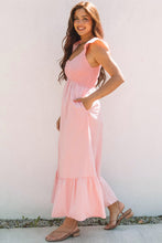 Load image into Gallery viewer, Pink V Neck Flutter Sleeve Smocked Bodice High Waist Ruffle Maxi Dress | Arrow Boutique | | Arrow Women&#39;s Boutique