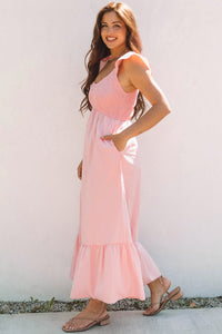 Pink V Neck Flutter Sleeve Smocked Bodice High Waist Ruffle Maxi Dress | Arrow Boutique | | Arrow Women's Boutique