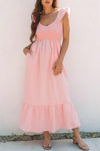 Load image into Gallery viewer, Pink V Neck Flutter Sleeve Smocked Bodice High Waist Ruffle Maxi Dress | Arrow Boutique | | Arrow Women&#39;s Boutique