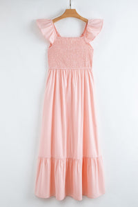 Pink V Neck Flutter Sleeve Smocked Bodice High Waist Ruffle Maxi Dress | Arrow Boutique | | Arrow Women's Boutique