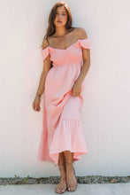 Load image into Gallery viewer, Pink V Neck Flutter Sleeve Smocked Bodice High Waist Ruffle Maxi Dress | Arrow Boutique | | Arrow Women&#39;s Boutique