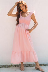 Pink V Neck Flutter Sleeve Smocked Bodice High Waist Ruffle Maxi Dress | Arrow Boutique | | Arrow Women's Boutique