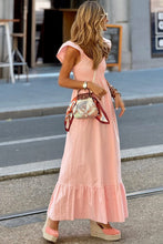 Load image into Gallery viewer, Pink V Neck Flutter Sleeve Smocked Bodice High Waist Ruffle Maxi Dress | Arrow Boutique | | Arrow Women&#39;s Boutique