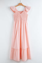 Load image into Gallery viewer, Pink V Neck Flutter Sleeve Smocked Bodice High Waist Ruffle Maxi Dress | Arrow Boutique | | Arrow Women&#39;s Boutique