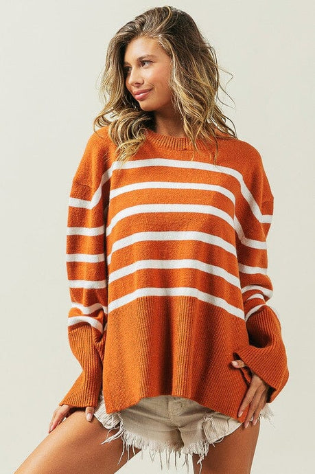 Ribbed Hem Stripe Sweater | BiBi | RUST S | Arrow Women's Boutique