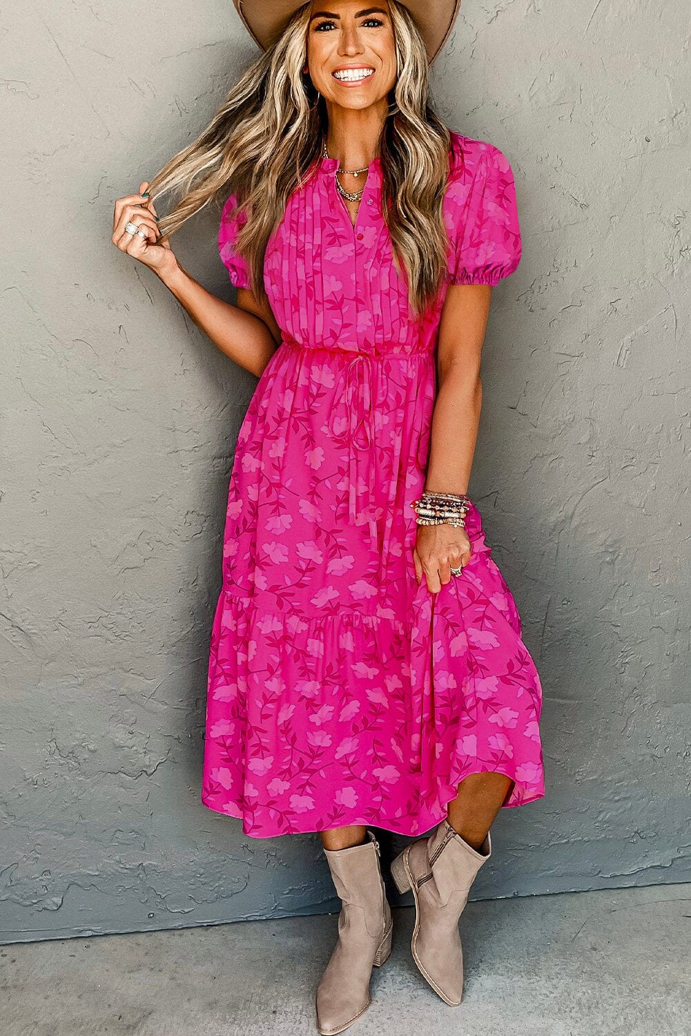 Rose Red Floral Print Pleated Drawstring Flowy Midi Dress Rose Red Floral Print Pleated Drawstring Flowy Midi Dress