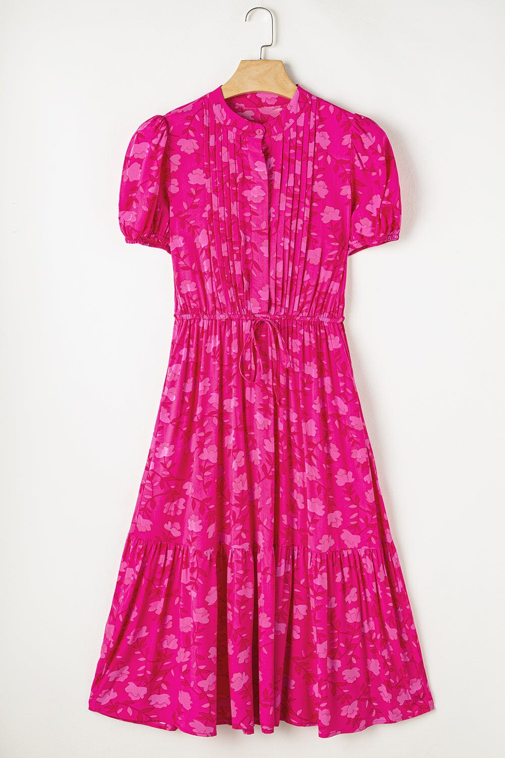 Rose Red Floral Print Pleated Drawstring Flowy Midi Dress Arrow Boutique Rose Red Floral Print Pleated Drawstring Flowy Midi Dress Arrow Boutique