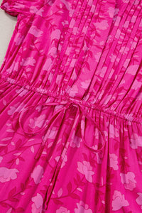 Rose Red Floral Print Pleated Drawstring Flowy Midi Dress | Arrow Boutique | | Arrow Women's Boutique