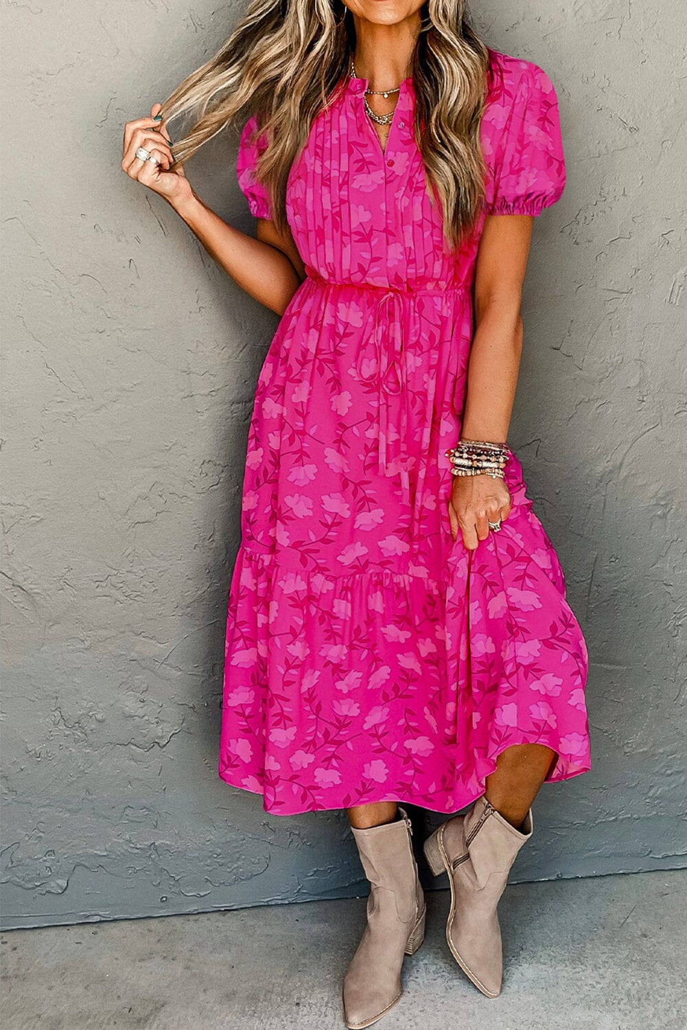 Rose Red Floral Print Pleated Drawstring Flowy Midi Dress  Arrow Boutique