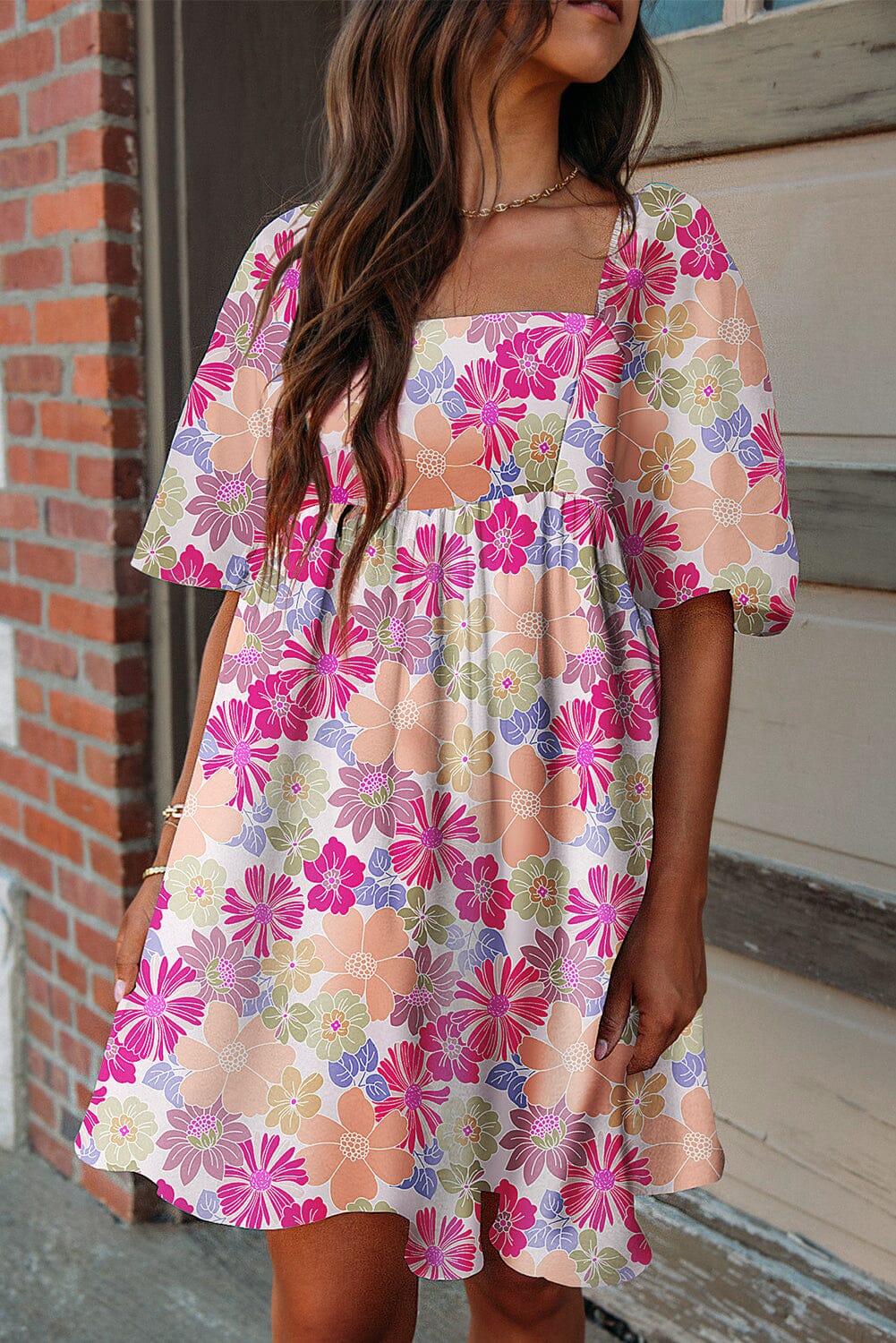 Rose Summer Floral Square Neck Puff Sleeve Babydoll Dress | Arrow Boutique | Rose S 100%Polyester | Arrow Women's Boutique
