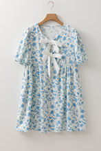 Load image into Gallery viewer, Sky Blue Floral Contrast Bow Puff Sleeve Mini Dress | Arrow Boutique | | Arrow Women&#39;s Boutique