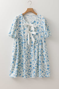Sky Blue Floral Contrast Bow Puff Sleeve Mini Dress | Arrow Boutique | | Arrow Women's Boutique