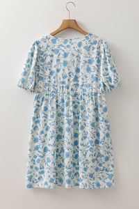 Sky Blue Floral Contrast Bow Puff Sleeve Mini Dress | Arrow Boutique | | Arrow Women's Boutique