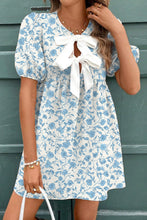 Load image into Gallery viewer, Sky Blue Floral Contrast Bow Puff Sleeve Mini Dress | Arrow Boutique | Sky Blue S 100%Polyester | Arrow Women&#39;s Boutique