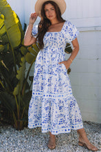 Load image into Gallery viewer, Sky Blue Floral Print Square Neck Bubble Sleeve High Waist Maxi Dress | Arrow Boutique | | Arrow Women&#39;s Boutique