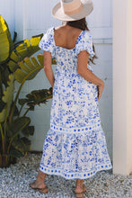 Load image into Gallery viewer, Sky Blue Floral Print Square Neck Bubble Sleeve High Waist Maxi Dress | Arrow Boutique | | Arrow Women&#39;s Boutique