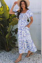 Load image into Gallery viewer, Sky Blue Floral Print Square Neck Bubble Sleeve High Waist Maxi Dress | Arrow Boutique | | Arrow Women&#39;s Boutique