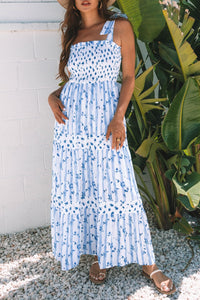 Sky Blue Floral Smocked Tied Straps A-Lined Tiered Maxi Dress | Arrow Boutique | | Arrow Women's Boutique