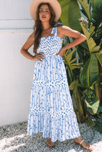 Load image into Gallery viewer, Sky Blue Floral Smocked Tied Straps A-Lined Tiered Maxi Dress | Arrow Boutique | | Arrow Women&#39;s Boutique