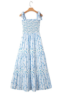 Sky Blue Floral Smocked Tied Straps A-Lined Tiered Maxi Dress | Arrow Boutique | | Arrow Women's Boutique