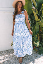 Load image into Gallery viewer, Sky Blue Floral Smocked Tied Straps A-Lined Tiered Maxi Dress | Arrow Boutique | | Arrow Women&#39;s Boutique