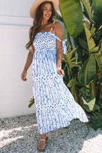 Load image into Gallery viewer, Sky Blue Floral Smocked Tied Straps A-Lined Tiered Maxi Dress | Arrow Boutique | | Arrow Women&#39;s Boutique
